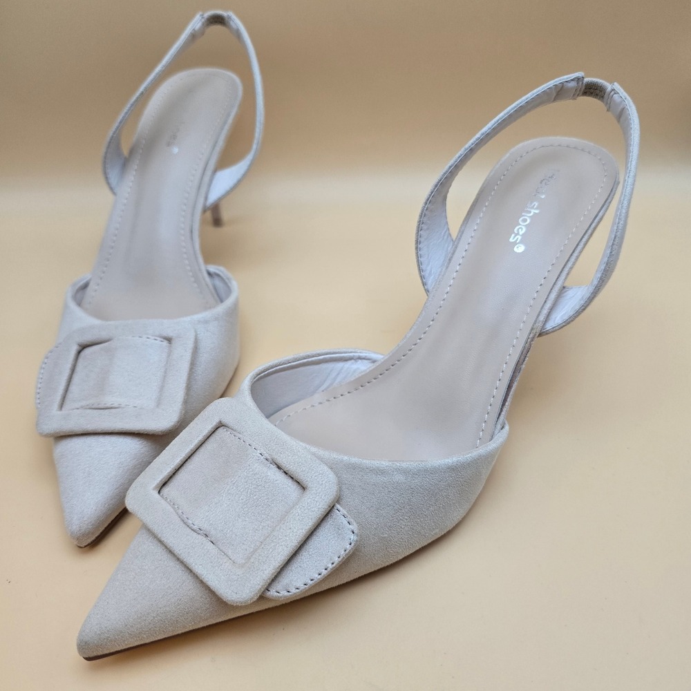 Sexy Ideal Shoes Nude Faux Suede Pointed Toe Slingback Buckle Heels D-1258  39
